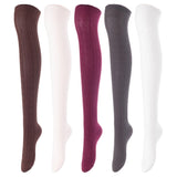 Lovely Annie Women's 5 Pairs Incredible Durable Super Soft Unique Over Knee High Thigh High Cotton Socks Size 6-9 A1024(Coffee,Beige,Wine,DG,Cream)