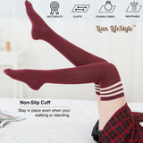 Lian LifeStyle Exquisite Big Girl's Women's 3 Pairs Super Comfortable Thigh High Cotton Socks in Vibrant Unique Colors Size 6-9 L1022(Wine)
