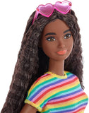 Barbie Fashionistas Doll #166, with Wheelchair & Crimped Brunette Hair Wearing Rainbow-Striped Dress, White Sneakers, Sunglasses & Fanny Pack, Toy for Kids 3 to 8 Years Old