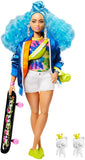 Barbie Extra Doll #4, Curvy, in Zippered Bomber Jacket with 2 Pet Kittens, Extra-Curly Blue Hair, Layered Outfit & Accessories Including Skateboard, Multiple Flexible Joints, Gift for Kids