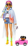Barbie Extra Doll #5 in Long-Fringe Denim Jacket with Pet Puppy, Rainbow Braids, Layered Outfit & Accessories Including Car for Pet, Multiple Flexible Joints, Gift for Kids 3 Years Old & Up