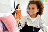 Barbie Fashionistas Doll #160 with Brunette Hair Polka Dot Off-The-Shoulder Dress, Toy for Kids 3 to 8 Years Old