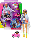 Barbie Extra Doll #5 in Long-Fringe Denim Jacket with Pet Puppy, Rainbow Braids, Layered Outfit & Accessories Including Car for Pet, Multiple Flexible Joints, Gift for Kids 3 Years Old & Up