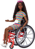 Barbie Fashionistas Doll #166, with Wheelchair & Crimped Brunette Hair Wearing Rainbow-Striped Dress, White Sneakers, Sunglasses & Fanny Pack, Toy for Kids 3 to 8 Years Old