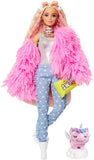 Barbie Extra Doll #3 in Pink Fluffy Coat with Pet Unicorn-Pig, Extra-Long Crimped Hair, Including Candy Bar Clutch & Gummy Bear Ring, Multiple Flexible Joints, Gift for Kids 3 Years Old & Up