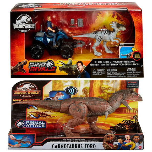 World Deluxe Story Pack Off-Road Tracker ATV + Control ‘N Conquer Large Dinosaur Figure with Authentic Detail, Pack of 2