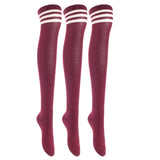 Lian LifeStyle Exquisite Big Girl's Women's 3 Pairs Super Comfortable Thigh High Cotton Socks in Vibrant Unique Colors Size 6-9 L1022(Wine)