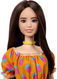 Barbie Fashionistas Doll #160 with Brunette Hair Polka Dot Off-The-Shoulder Dress, Toy for Kids 3 to 8 Years Old
