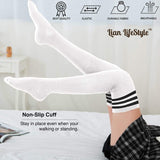 Lian LifeStyle Women's 3 Pairs Adorable Comfortable Soft Thigh High Over Knee High Cotton Socks Size 6-9 L1022(Black, Kakhi, White)