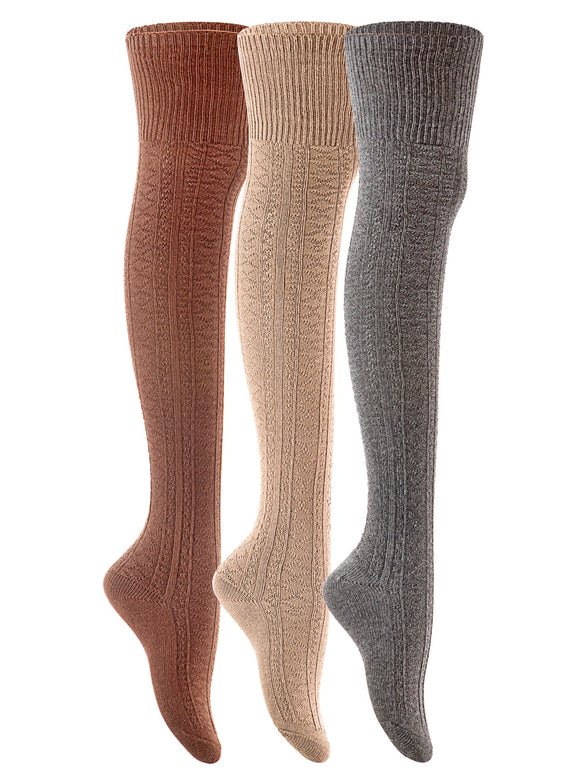 Lian LifeStyle Women's 3 Pairs Fashion Thigh High Cotton Socks JMYP1025 Size 6-9(Coffee, Beige, Dark Grey)