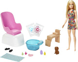 Barbie Mani-Pedi Spa Playset with Blonde Barbie Doll, Puppy, Foot Spa & Accessories, 2 Fizzy Packs Create Foaming Foot Bath, Color-Change on Doll’s Nails, Gift for Kids 3 to 7 Years Old