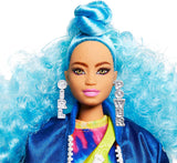 Barbie Extra Doll #4, Curvy, in Zippered Bomber Jacket with 2 Pet Kittens, Extra-Curly Blue Hair, Layered Outfit & Accessories Including Skateboard, Multiple Flexible Joints, Gift for Kids