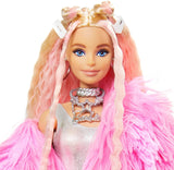 Barbie Extra Doll #3 in Pink Fluffy Coat with Pet Unicorn-Pig, Extra-Long Crimped Hair, Including Candy Bar Clutch & Gummy Bear Ring, Multiple Flexible Joints, Gift for Kids 3 Years Old & Up