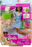 Barbie Play 'n Wash Pets Playset with Brunette Barbie Doll, 3 Color-Change Animals (A Puppy, Kitten and Bunny) and 10 Pet and Grooming Accessories, Gift for 3 to 7 Year Olds