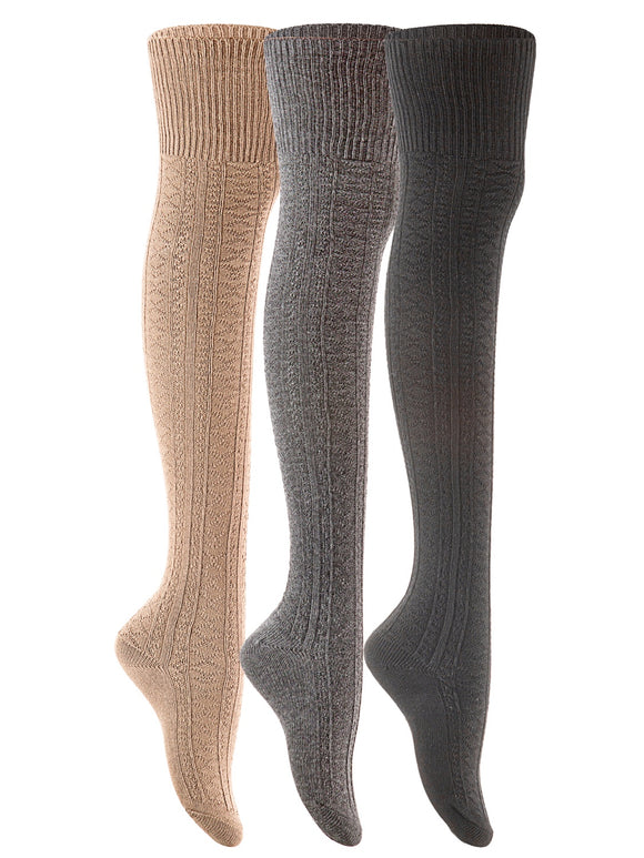 Lian LifeStyle Big Girl's Women's 3 Pairs Fashion Thigh High Cotton Socks JMYP1025 Size L/XL(Black, Dark Grey, Beige)