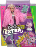 Barbie Extra Doll #3 in Pink Fluffy Coat with Pet Unicorn-Pig, Extra-Long Crimped Hair, Including Candy Bar Clutch & Gummy Bear Ring, Multiple Flexible Joints, Gift for Kids 3 Years Old & Up