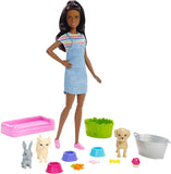 Barbie Play 'n Wash Pets Playset with Brunette Barbie Doll, 3 Color-Change Animals (A Puppy, Kitten and Bunny) and 10 Pet and Grooming Accessories, Gift for 3 to 7 Year Olds