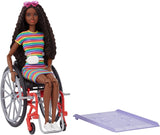 Barbie Fashionistas Doll #166, with Wheelchair & Crimped Brunette Hair Wearing Rainbow-Striped Dress, White Sneakers, Sunglasses & Fanny Pack, Toy for Kids 3 to 8 Years Old