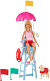 Barbie Lifeguard Playset, Blonde Doll (12-in), Swim Outfit, Lifeguard Chair, Umbrella, Megaphone, Binoculars, 2 Flags, Dog Figure & More, Great Gift for Ages 3 & Up