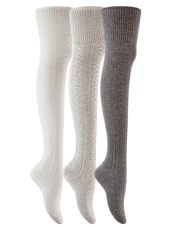 Lian LifeStyle Women's 3 Pairs Fashion Thigh High Cotton Socks JMYP1025 Size 6-9(Dark Grey, Grey, Cream)